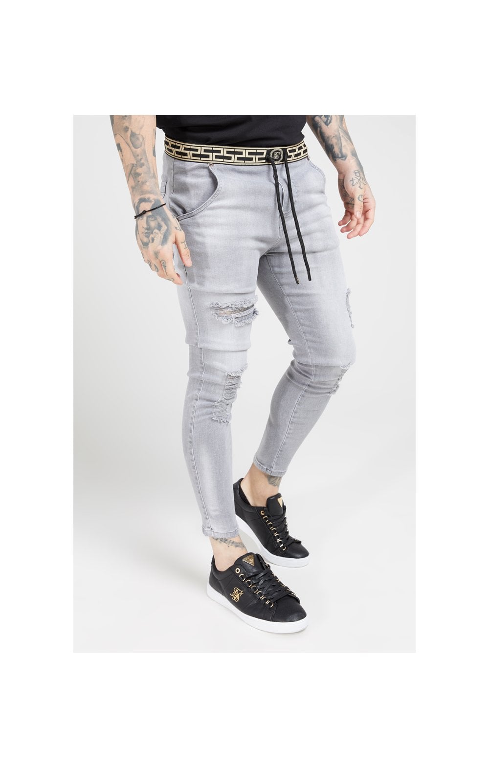 Load image into Gallery viewer, SikSilk Elasticated Waist Skinny Distressed Jeans – Washed Grey