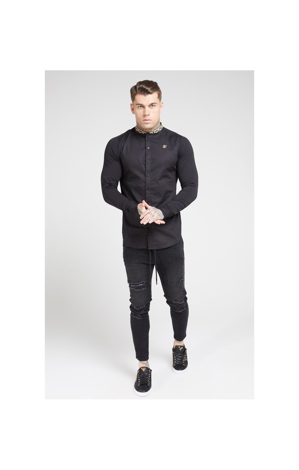 Load image into Gallery viewer, SikSilk L/S Tape Collar Shirt - Black &amp; Gold (2)