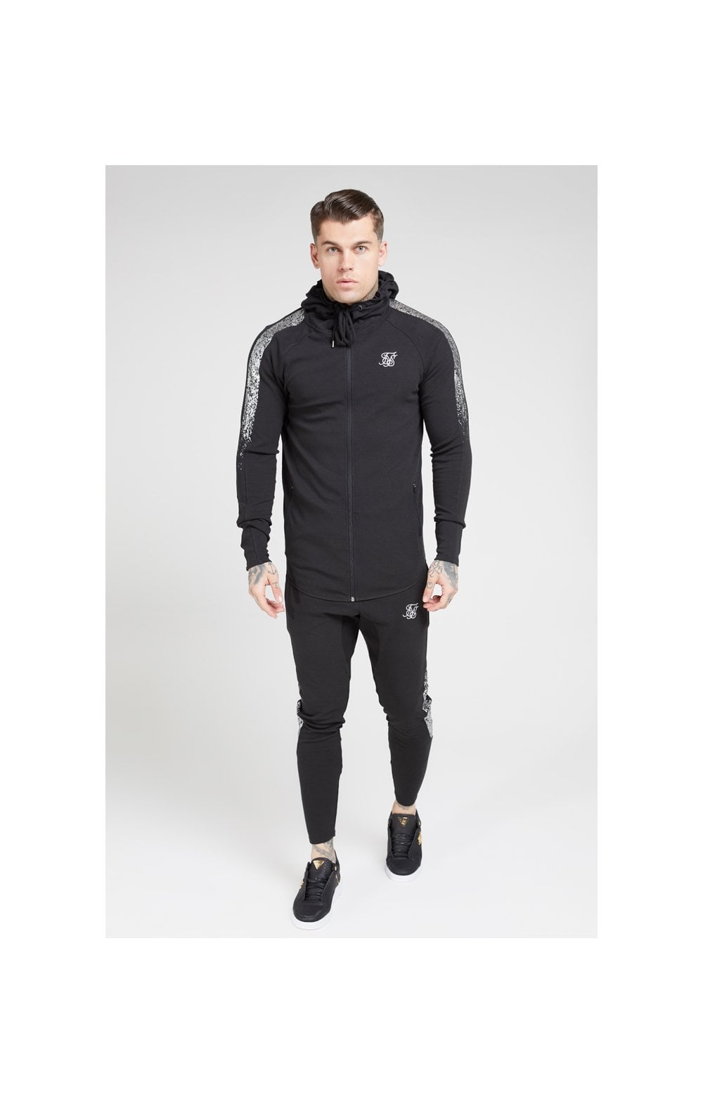 Load image into Gallery viewer, SikSilk Fade Panel Zip Through Hoodie – Black &amp; Silver (3)