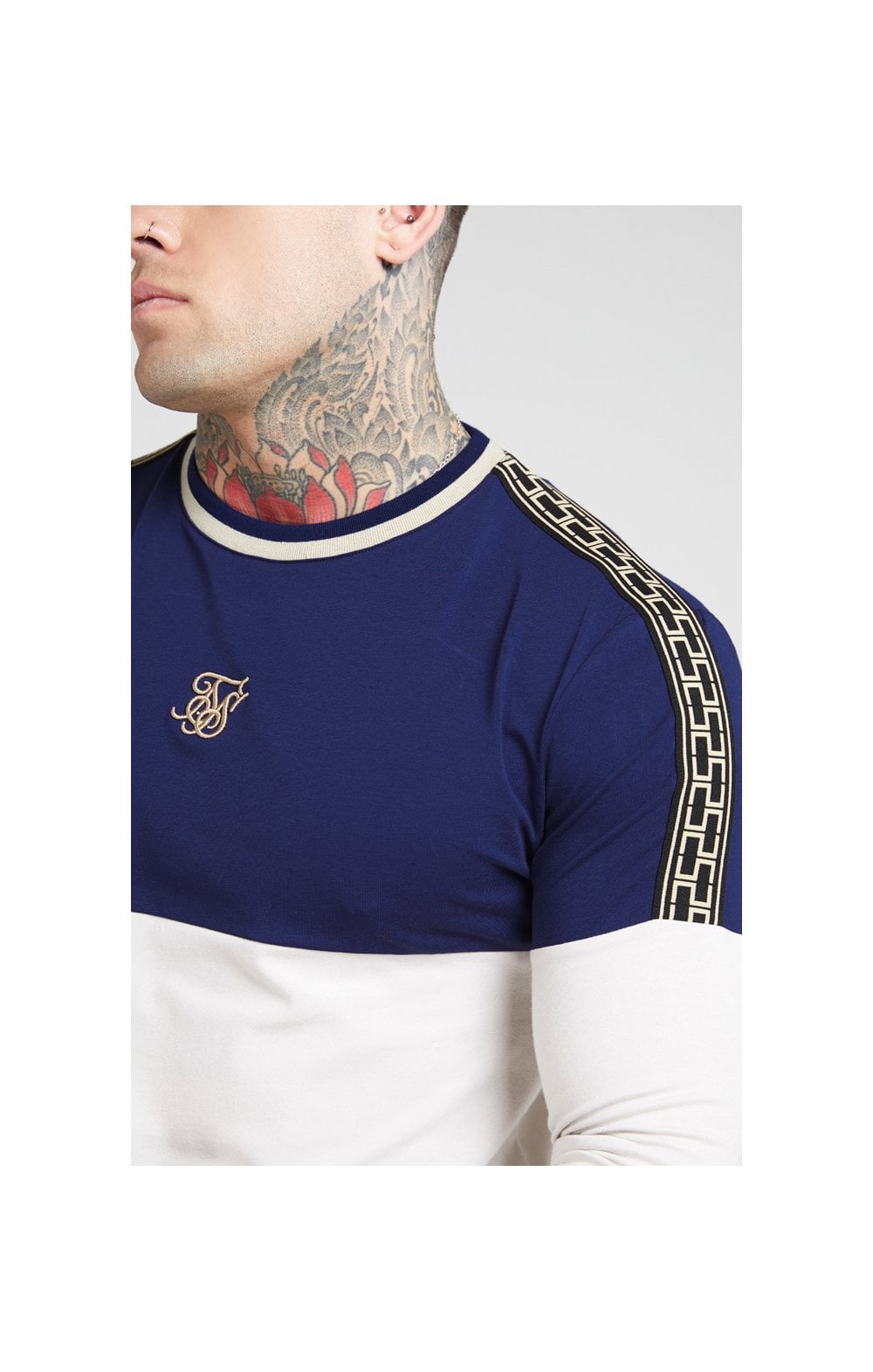 Load image into Gallery viewer, SikSilk L/S Chain Cartel Rib Tape Gym Tee - Navy &amp; Stone