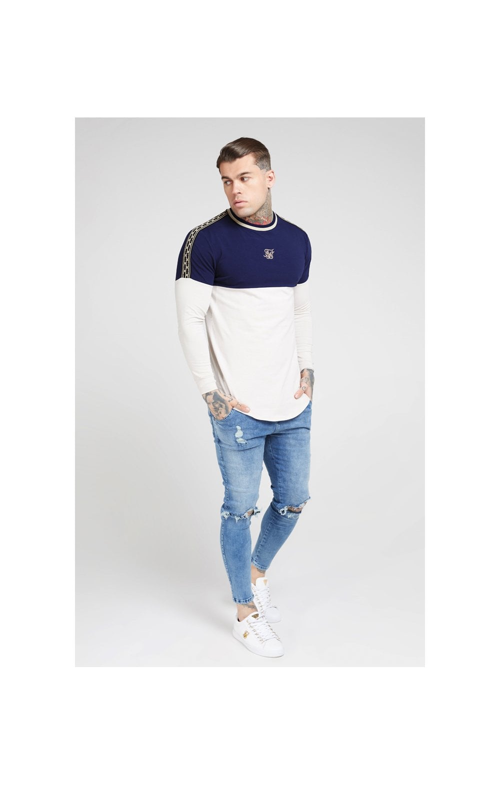 Load image into Gallery viewer, SikSilk L/S Chain Cartel Rib Tape Gym Tee - Navy &amp; Stone (3)
