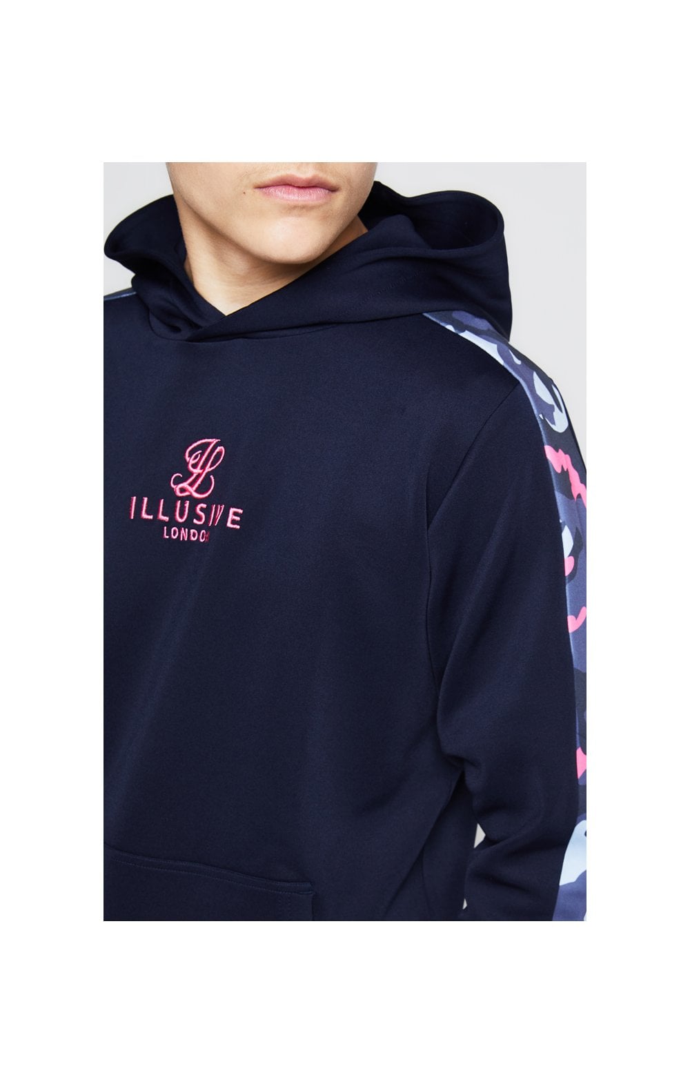 Load image into Gallery viewer, Illusive London Panelled Overhead Hoodie - Navy &amp; Neon Pink Camo
