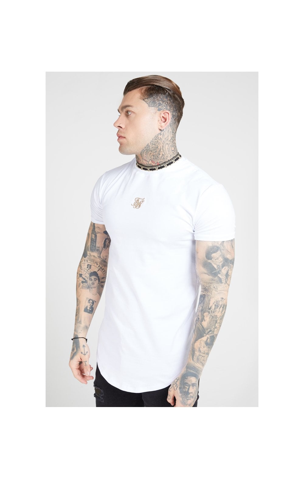 Load image into Gallery viewer, SikSilk Tape Collar Gym Tee - White &amp; Gold (1)