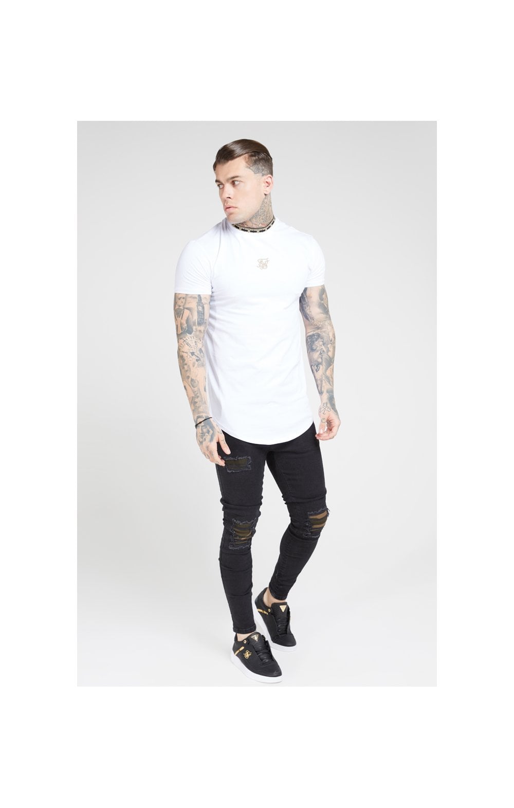 Load image into Gallery viewer, SikSilk Tape Collar Gym Tee - White &amp; Gold (2)