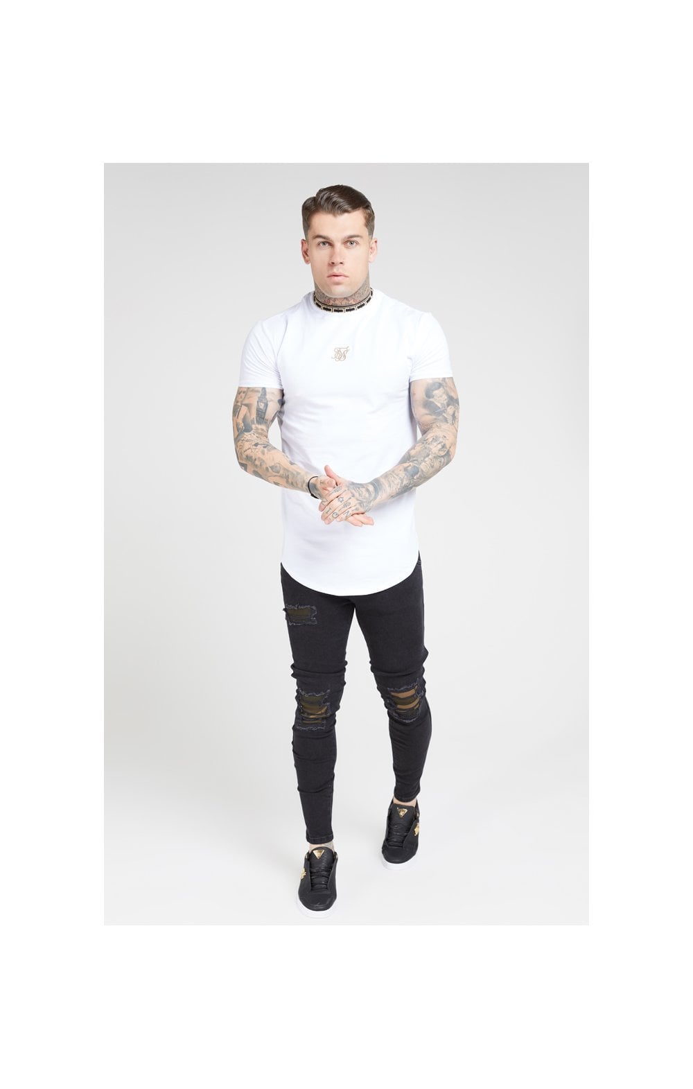Load image into Gallery viewer, SikSilk Tape Collar Gym Tee - White &amp; Gold (3)