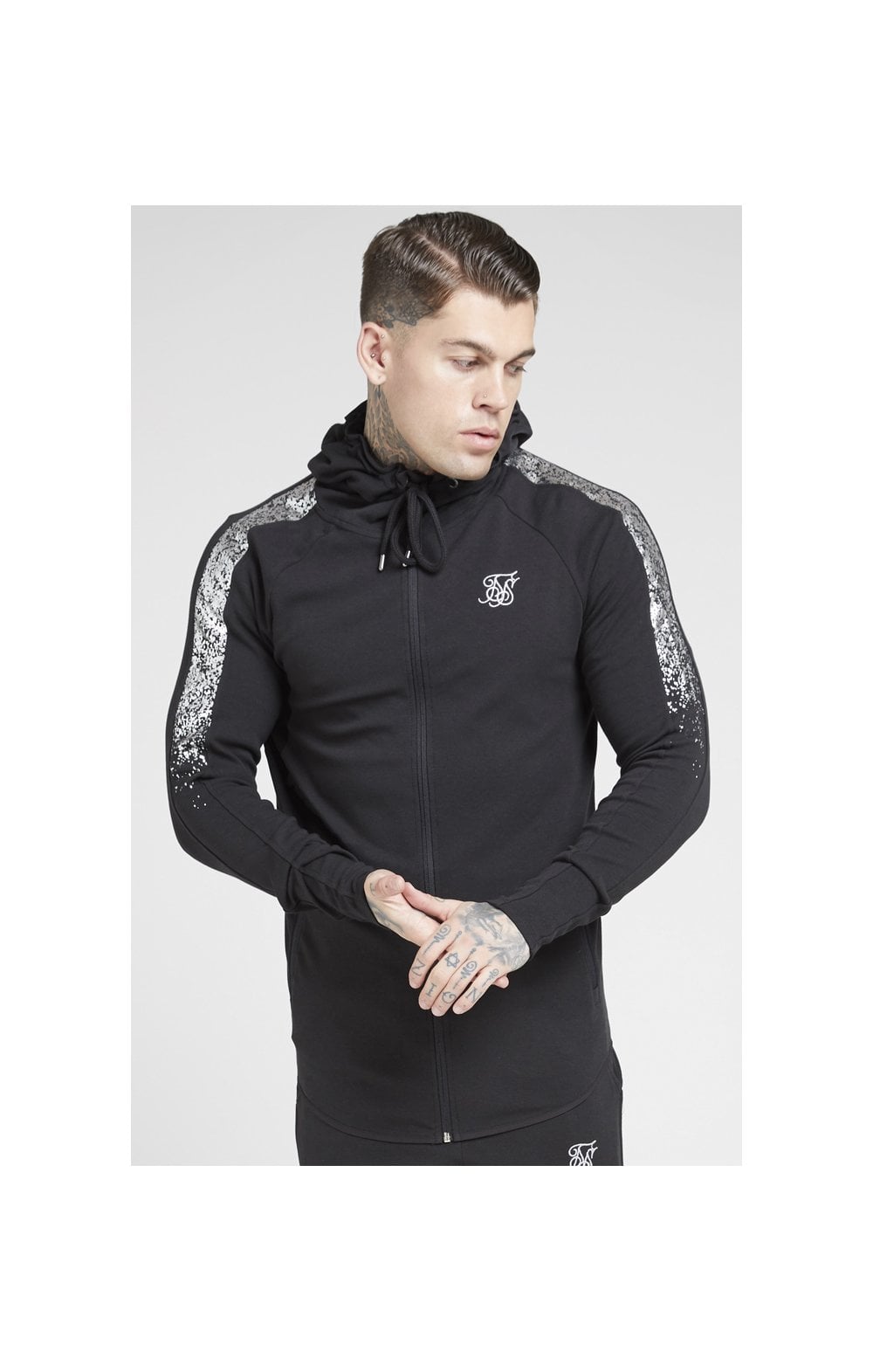 Load image into Gallery viewer, SikSilk Fade Panel Zip Through Hoodie – Black &amp; Silver