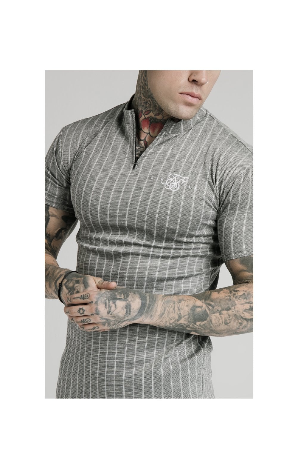 Load image into Gallery viewer, SikSilk High Collar Zip Polo - Grey Pin Stripe