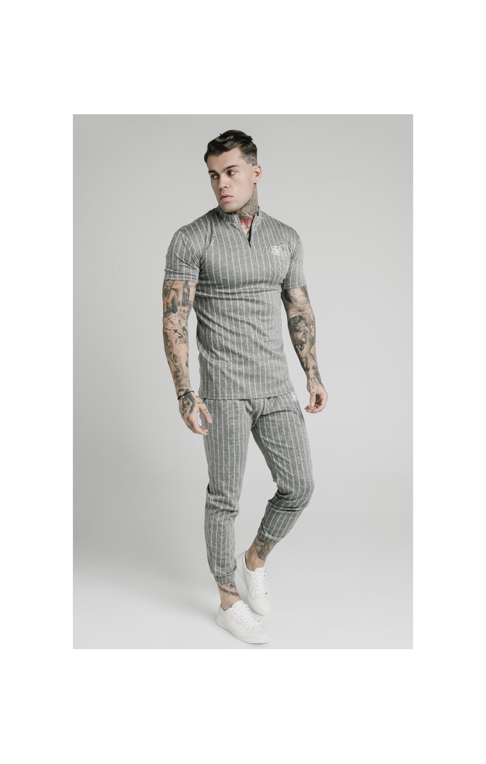 Load image into Gallery viewer, SikSilk High Collar Zip Polo - Grey Pin Stripe (2)