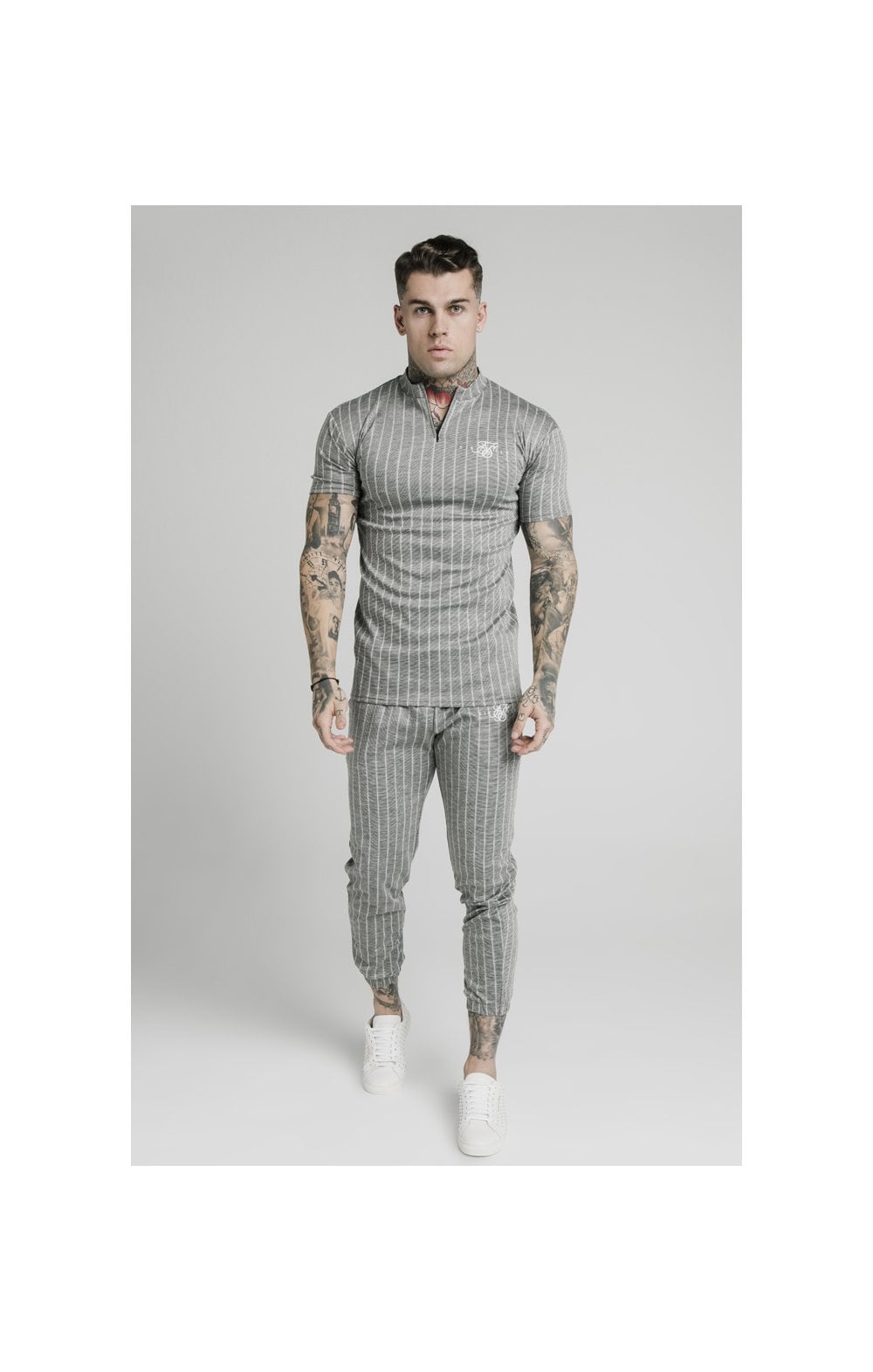Load image into Gallery viewer, SikSilk High Collar Zip Polo - Grey Pin Stripe (3)