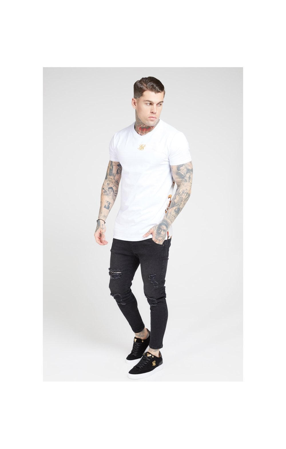 Load image into Gallery viewer, SikSilk S/S Reverse Collar Tee – White &amp; Floral Elegance (2)