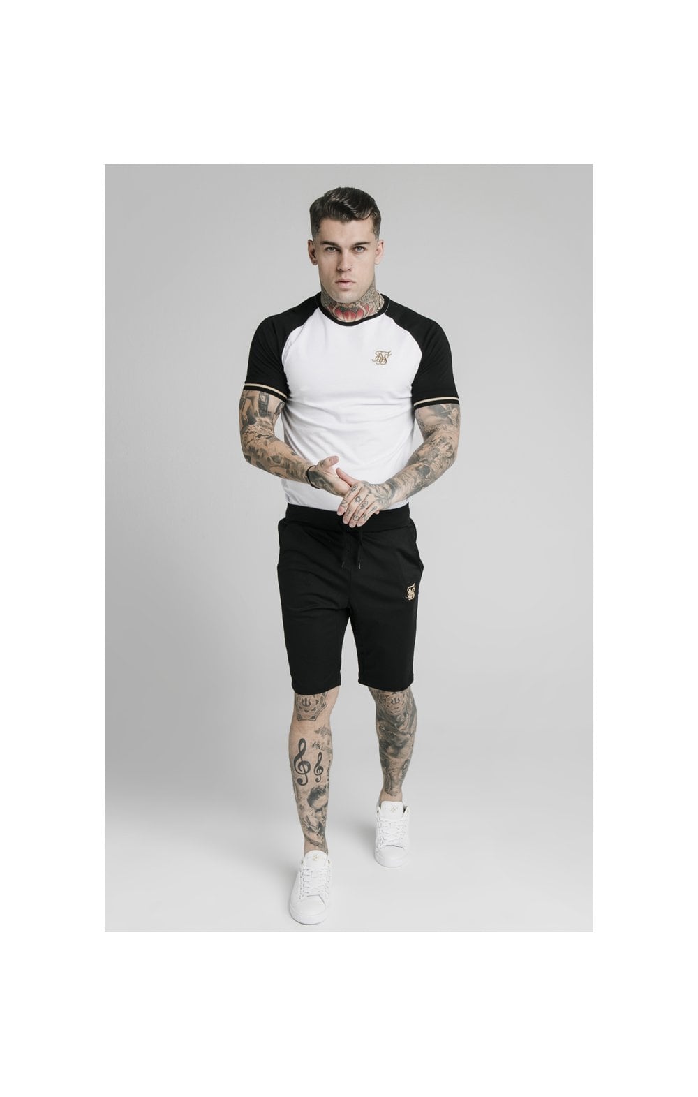 Load image into Gallery viewer, SikSilk S/S Raglan Inset Cuff Gym Tee - White &amp; Black (2)