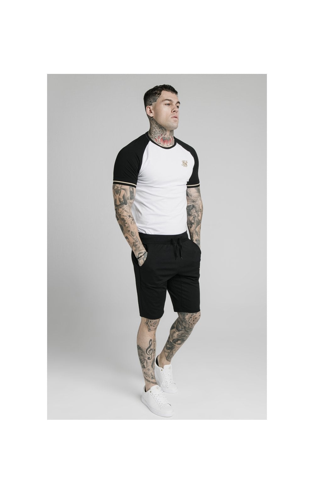 Load image into Gallery viewer, SikSilk S/S Raglan Inset Cuff Gym Tee - White &amp; Black (3)