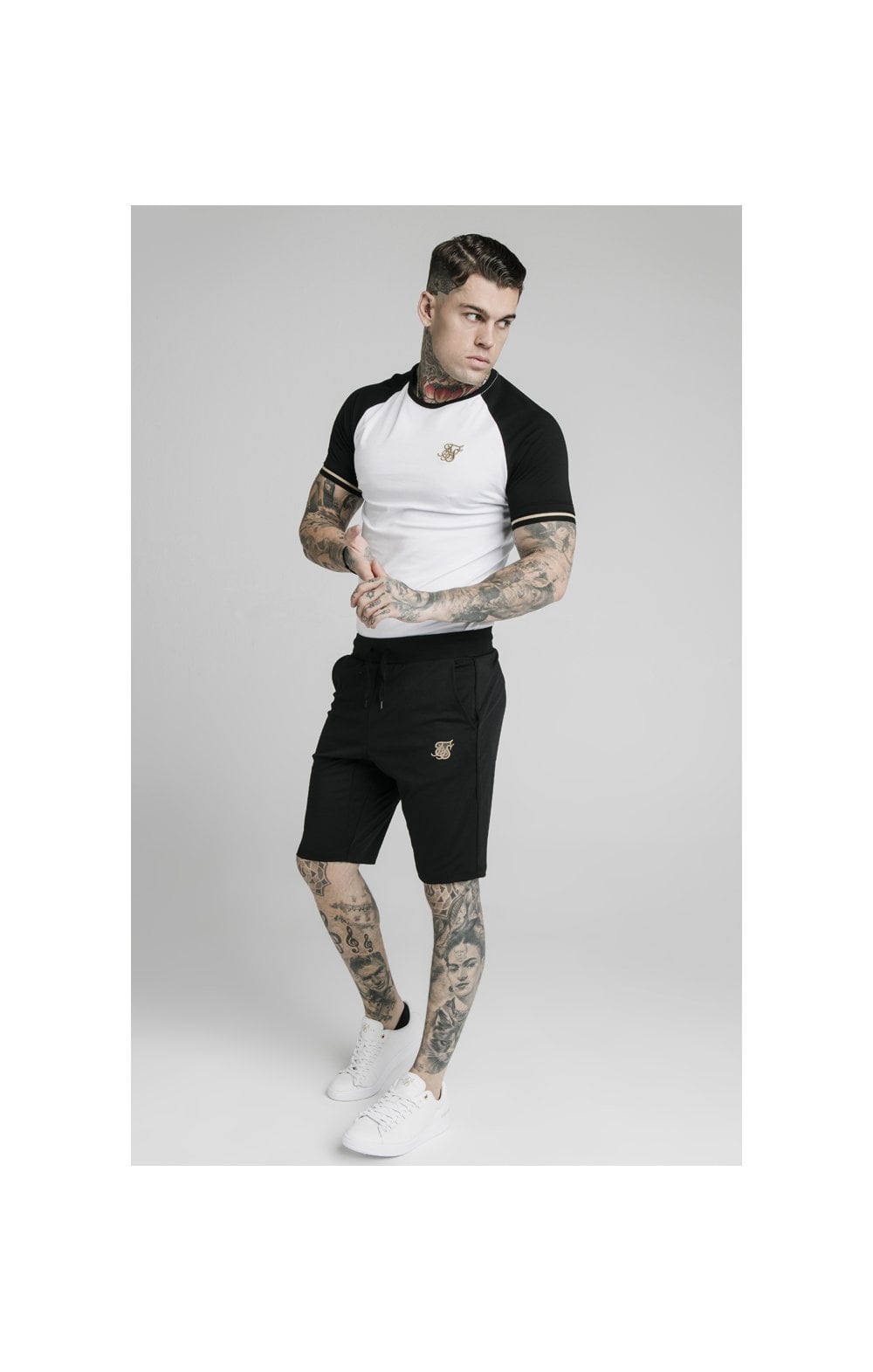 Load image into Gallery viewer, SikSilk S/S Raglan Inset Cuff Gym Tee - White &amp; Black (4)