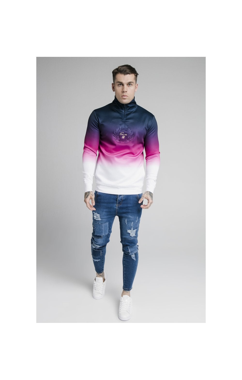 Load image into Gallery viewer, SikSilk Quarter Zip Overhead Track Top - Navy,Pink &amp; White (2)