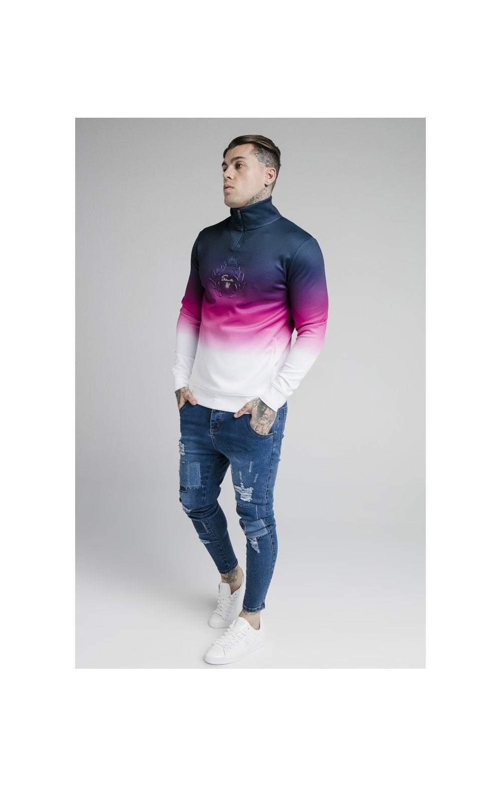 Load image into Gallery viewer, SikSilk Quarter Zip Overhead Track Top - Navy,Pink &amp; White (3)