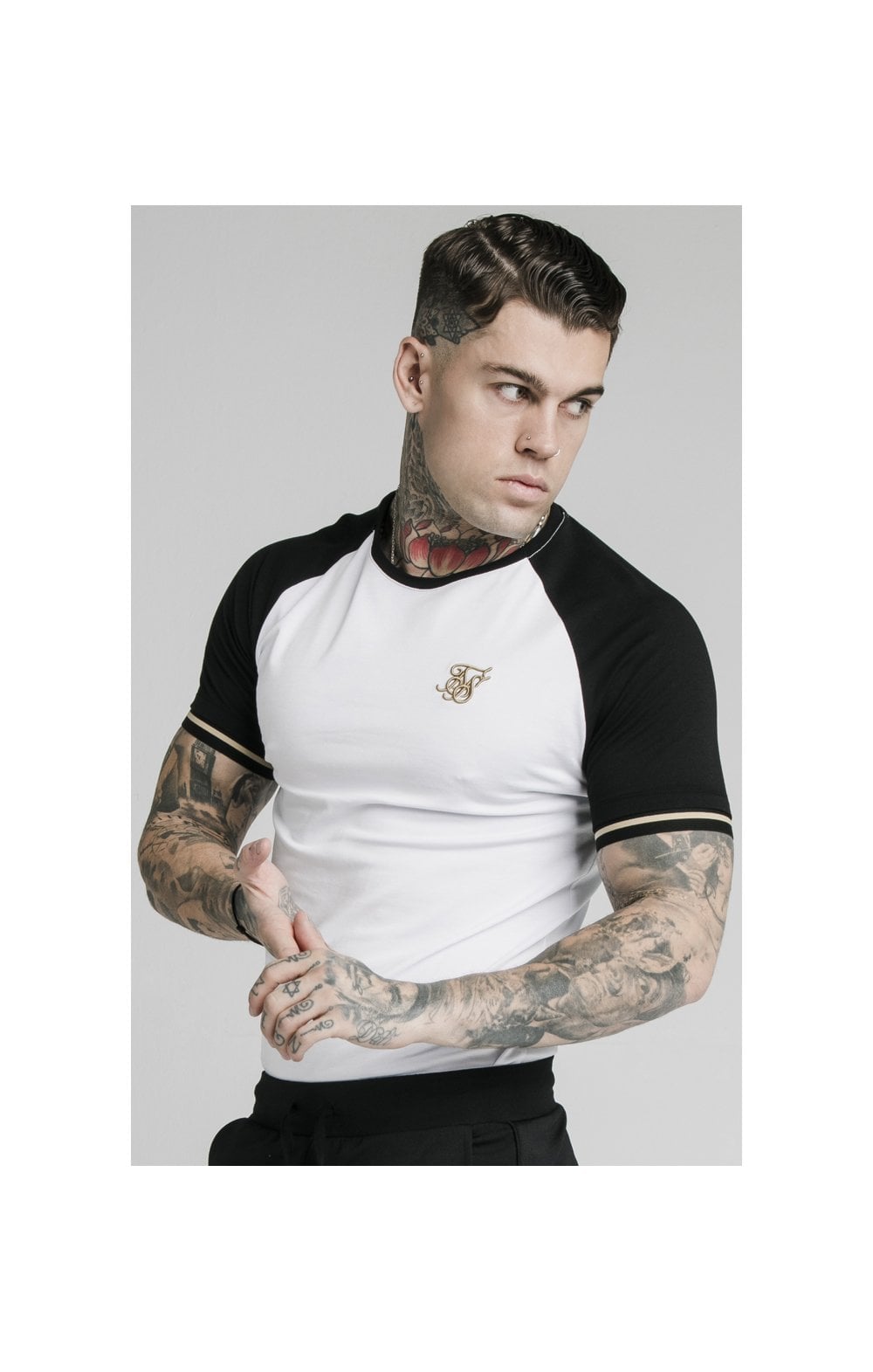 Load image into Gallery viewer, SikSilk S/S Raglan Inset Cuff Gym Tee - White &amp; Black