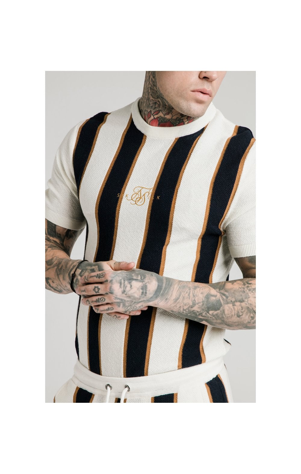 Load image into Gallery viewer, SikSilk Fitted Knit Tee - Off White,Navy &amp; Gold