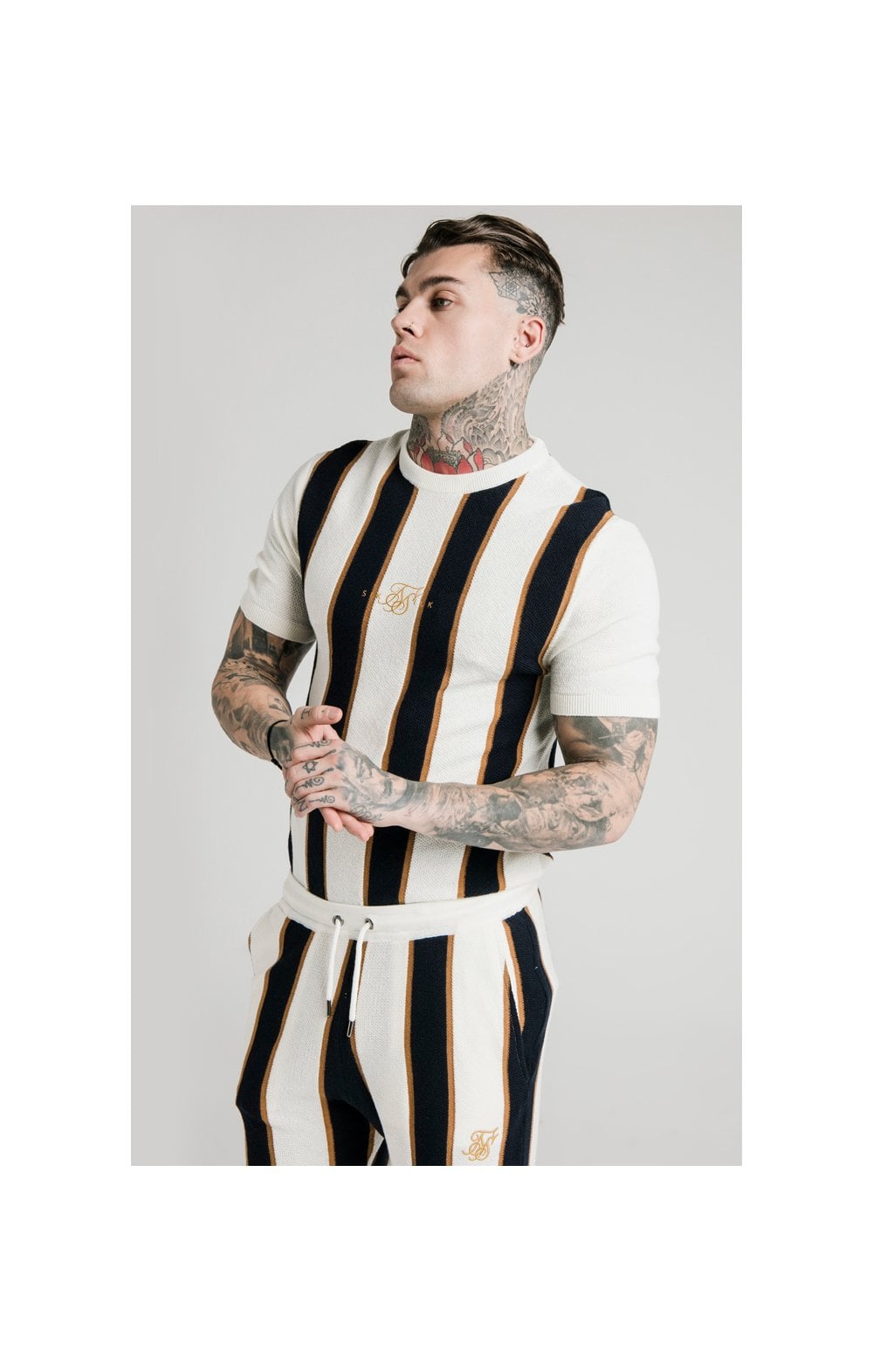 Load image into Gallery viewer, SikSilk Fitted Knit Tee - Off White,Navy &amp; Gold (1)