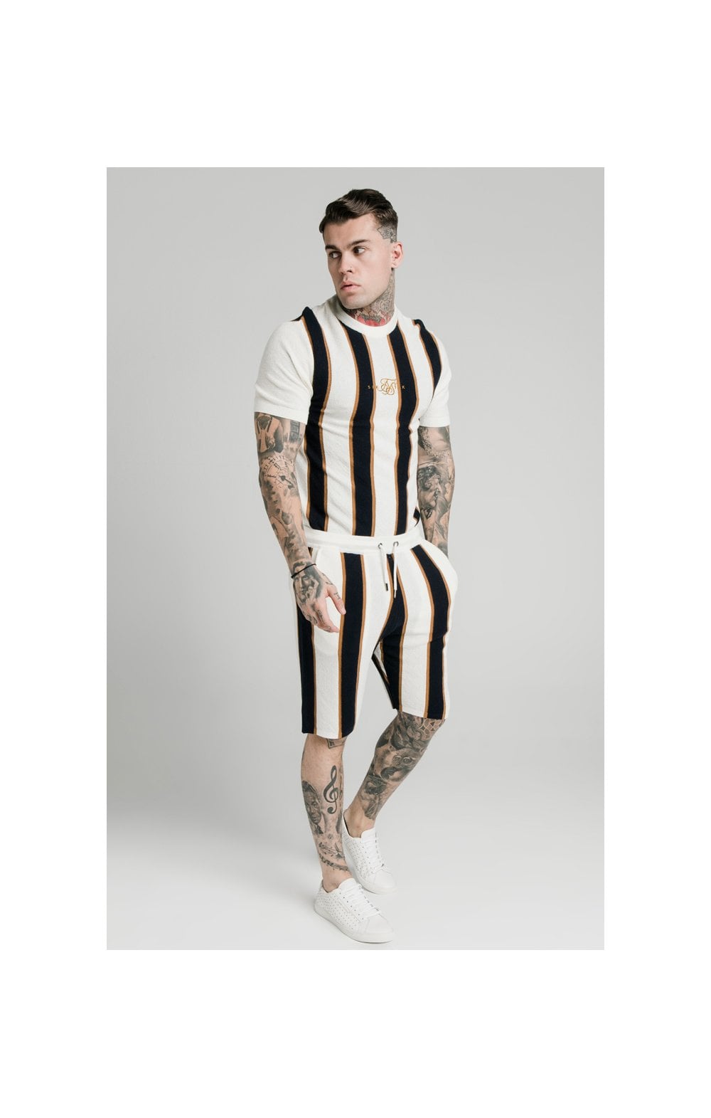 Load image into Gallery viewer, SikSilk Fitted Knit Tee - Off White,Navy &amp; Gold (3)