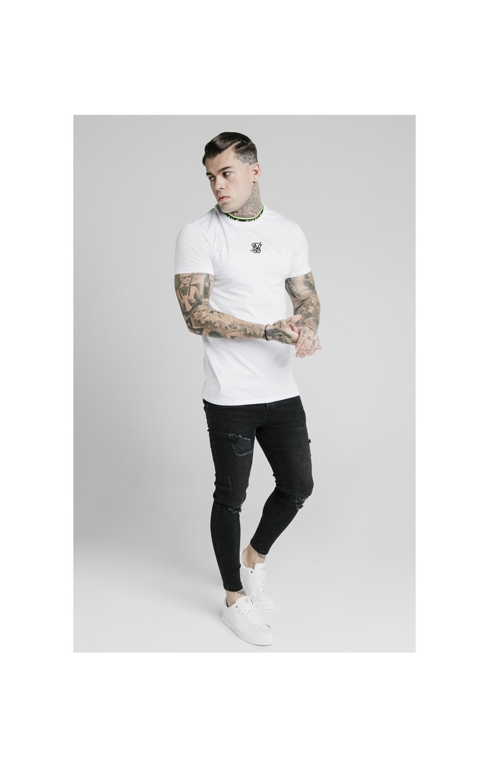 Load image into Gallery viewer, SikSilk Straight Hem Tape Collar Gym Tee - White (2)