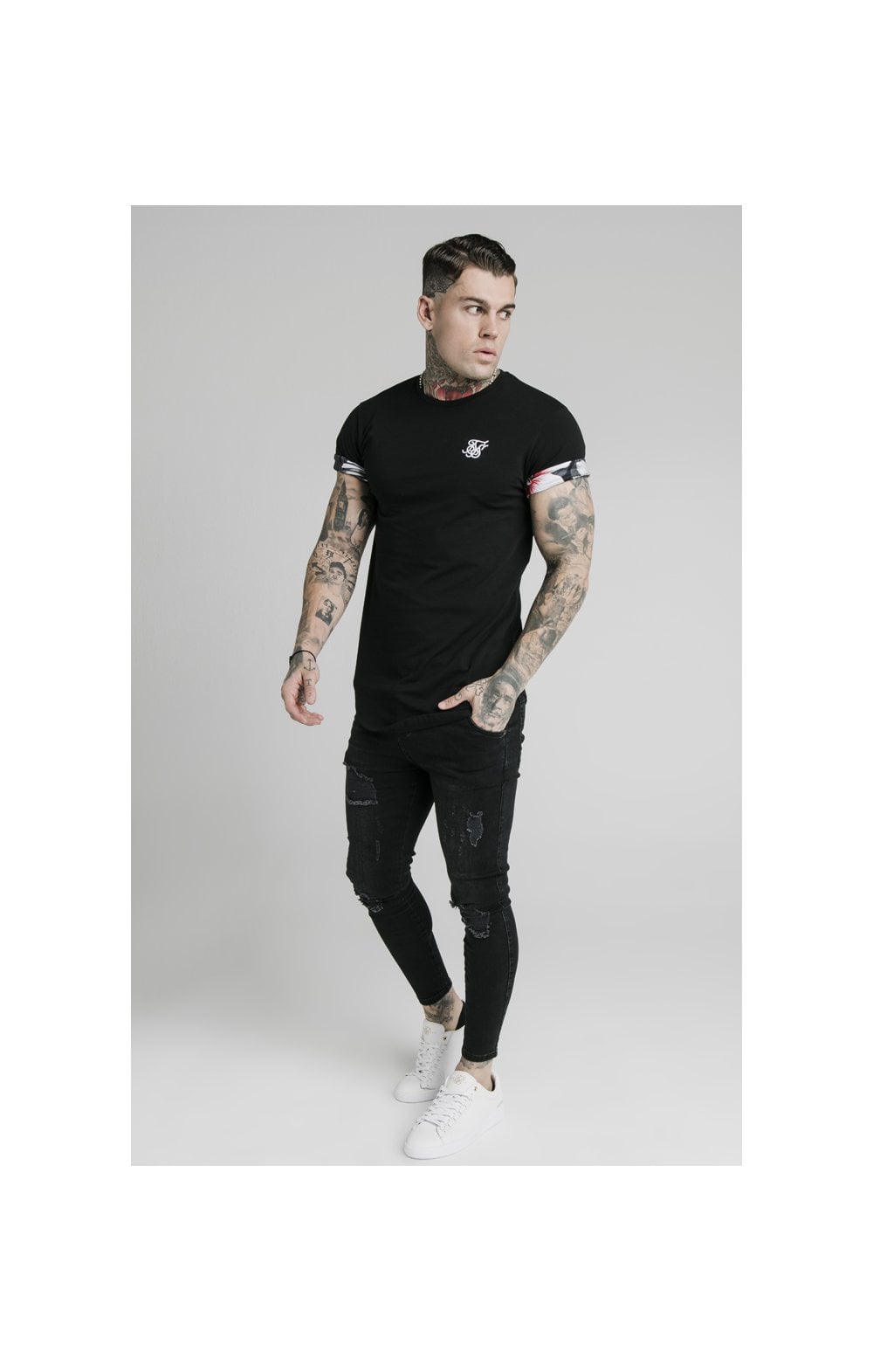 Load image into Gallery viewer, SikSilk S/S Floral Roll Sleeve Tee – Black