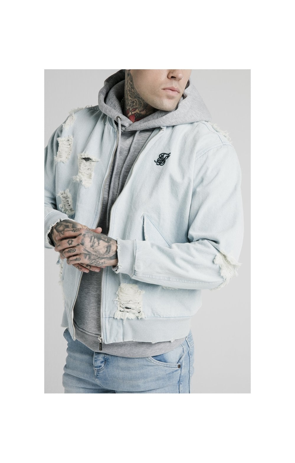 Load image into Gallery viewer, SikSilk Distressed Denim Bomber Jacket - Light Blue (1)