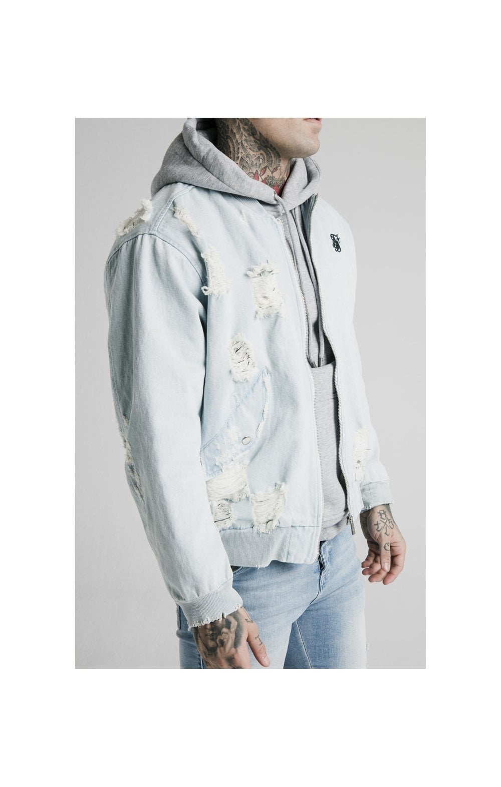 Load image into Gallery viewer, SikSilk Distressed Denim Bomber Jacket - Light Blue (2)