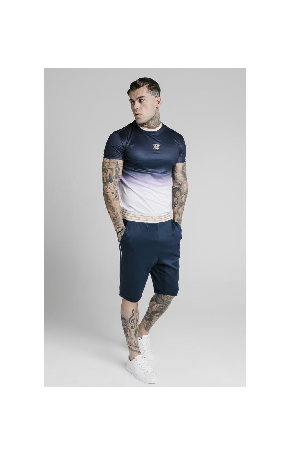 Load image into Gallery viewer, SikSilk S/S Fade Inset Tape Gym Tee - Navy &amp; White (3)