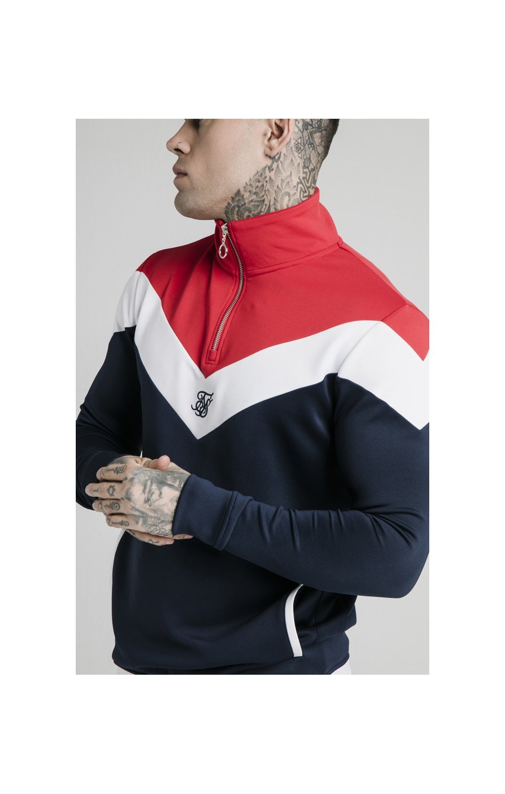 Load image into Gallery viewer, SikSilk Retro Quarter Zip Overhead Track Top - Navy,Red &amp; White (1)