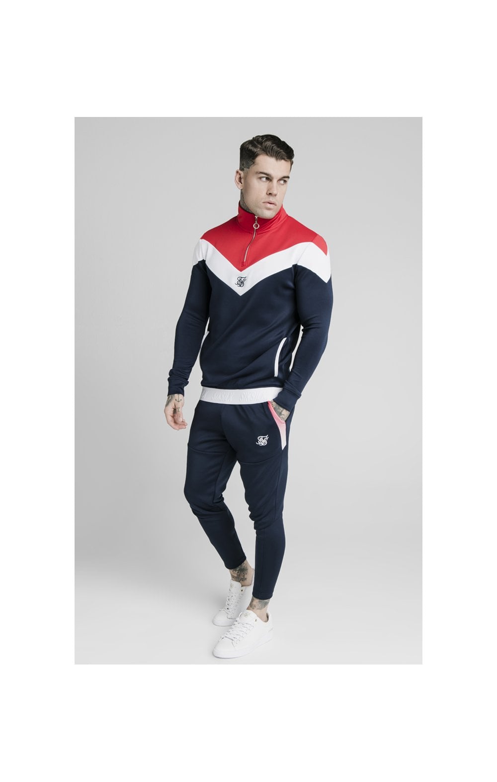 Load image into Gallery viewer, SikSilk Retro Quarter Zip Overhead Track Top - Navy,Red &amp; White