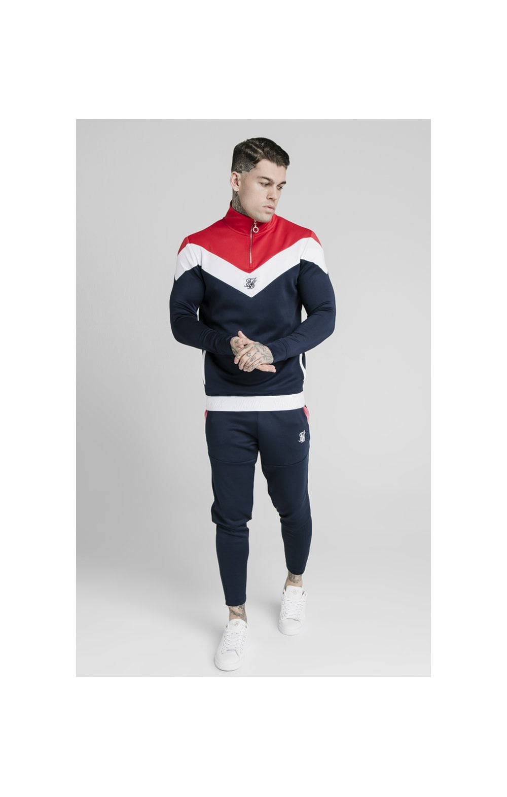 Load image into Gallery viewer, SikSilk Retro Quarter Zip Overhead Track Top - Navy,Red &amp; White (3)