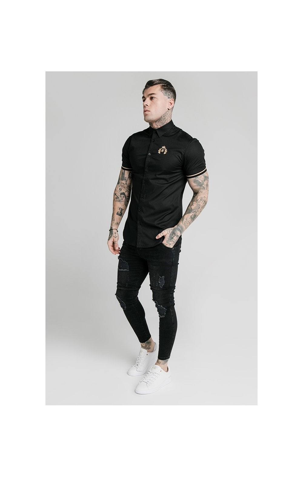 Load image into Gallery viewer, SikSilk S/S Prestige Inset Cuff Shirt - Black (2)