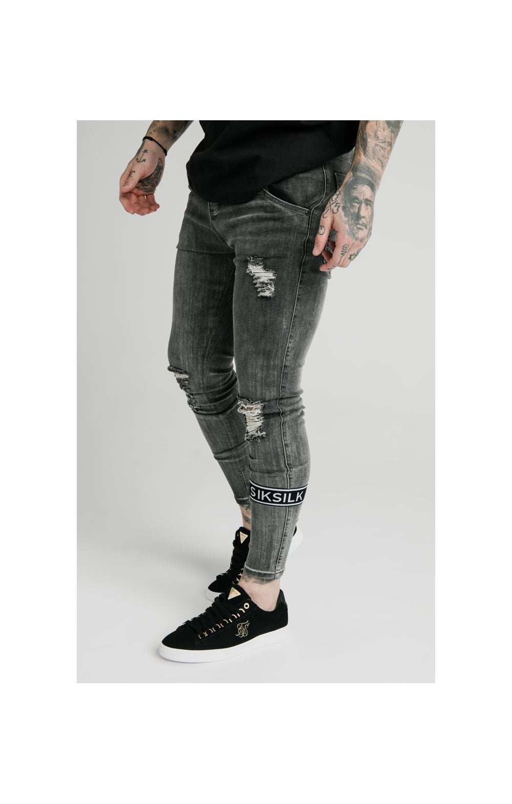 Load image into Gallery viewer, SikSilk Burst Knee Tape Jeans - Washed Black (2)