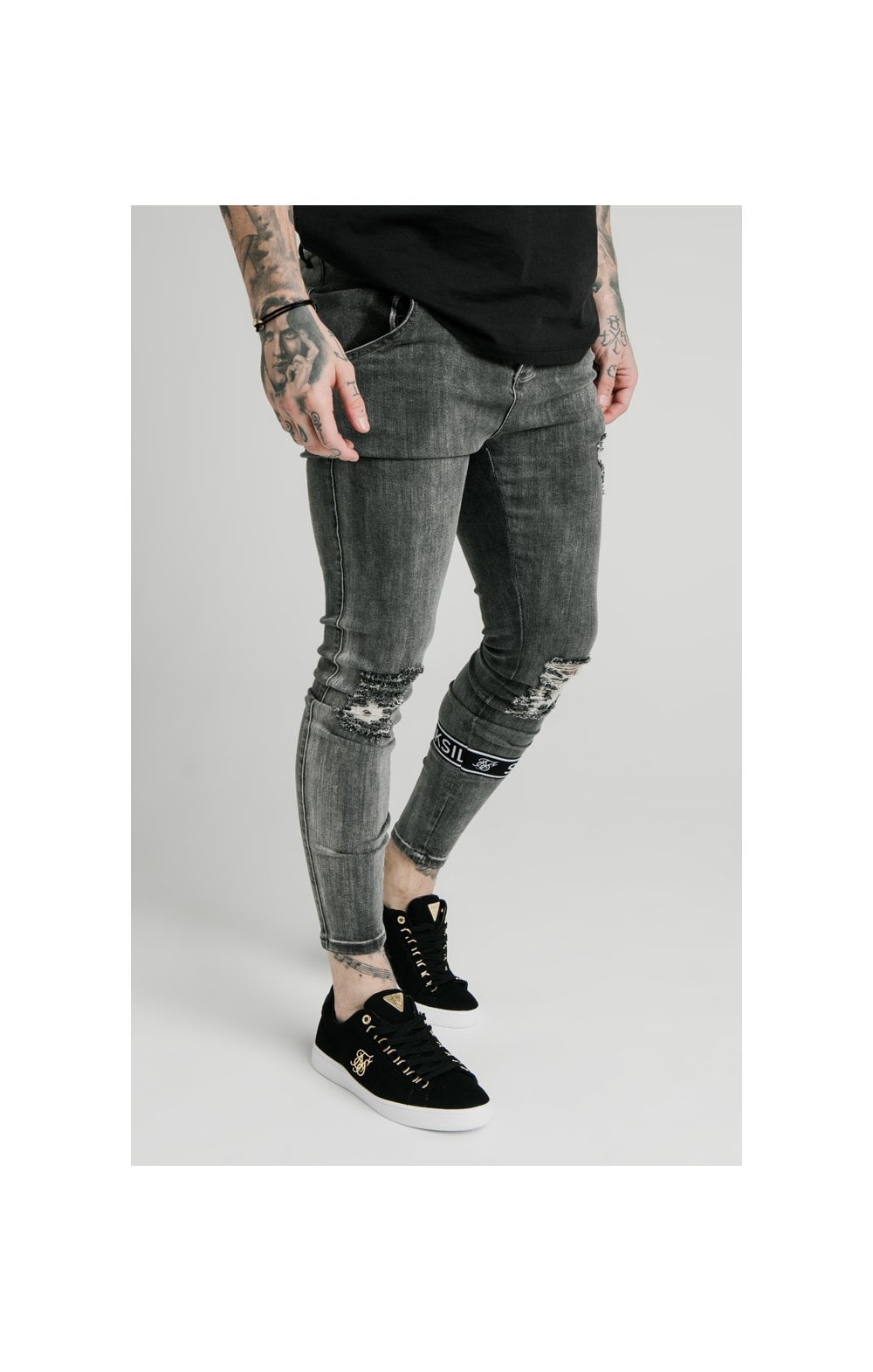 Load image into Gallery viewer, SikSilk Burst Knee Tape Jeans - Washed Black (4)