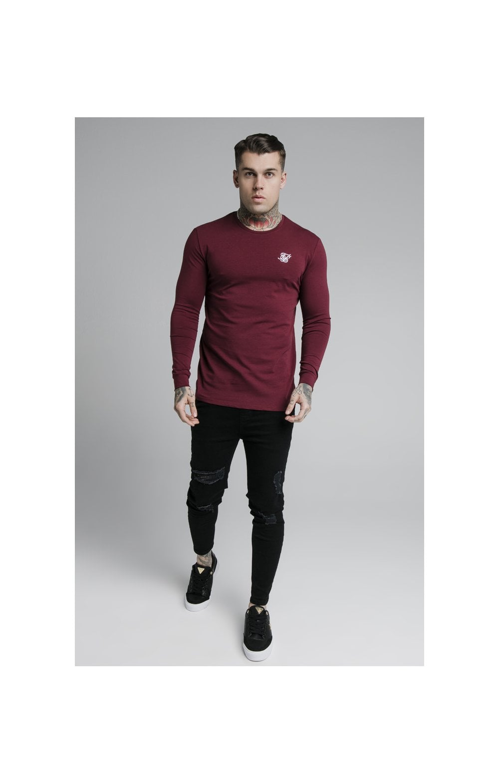 Load image into Gallery viewer, Burgundy Essential Long Sleeve Muscle Fit T-Shirt (1)