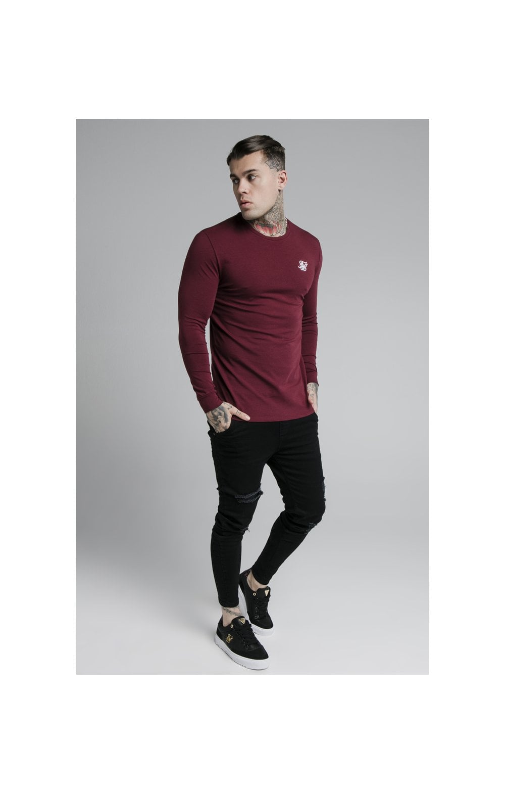 Load image into Gallery viewer, Burgundy Essential Long Sleeve Muscle Fit T-Shirt (3)