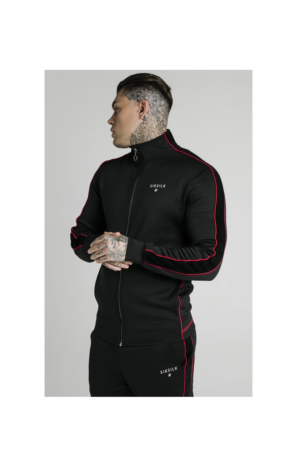 Load image into Gallery viewer, SikSilk Zip Through Funnel Neck Hoodie – Black &amp; Red (3)