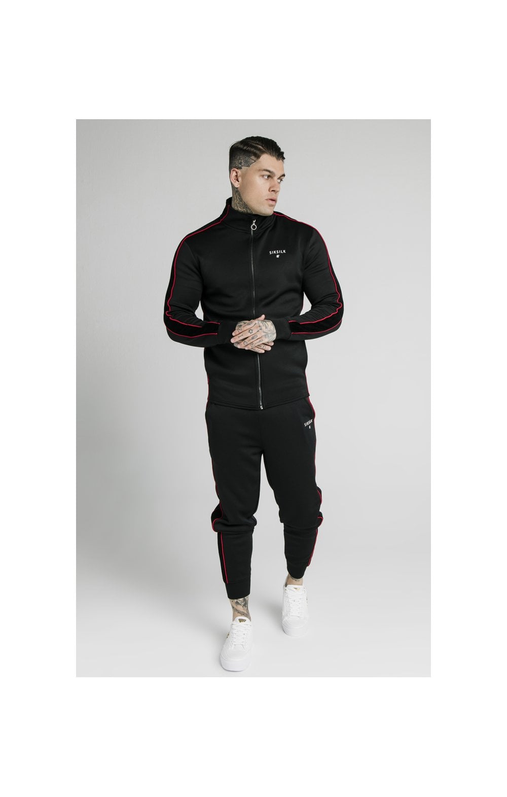 Load image into Gallery viewer, SikSilk Zip Through Funnel Neck Hoodie – Black &amp; Red (6)