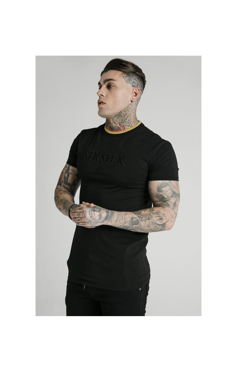 Load image into Gallery viewer, SikSilk Straight Hem Gym Tee – Black &amp; Gold