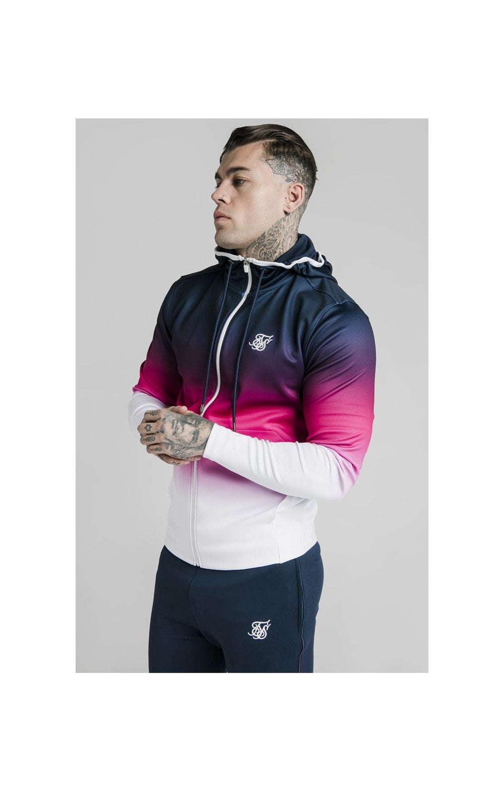 Load image into Gallery viewer, SikSilk Tri-Fade Agility Zip Through Hoodie - Navy,Pink &amp; White