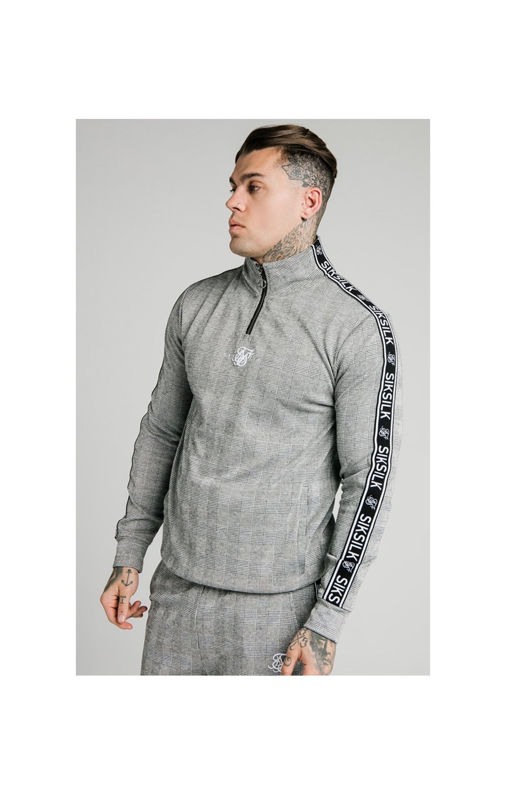Load image into Gallery viewer, SikSilk Dog Tooth Check 1/4 Zip Funnel Neck Hoodie - Black &amp; White