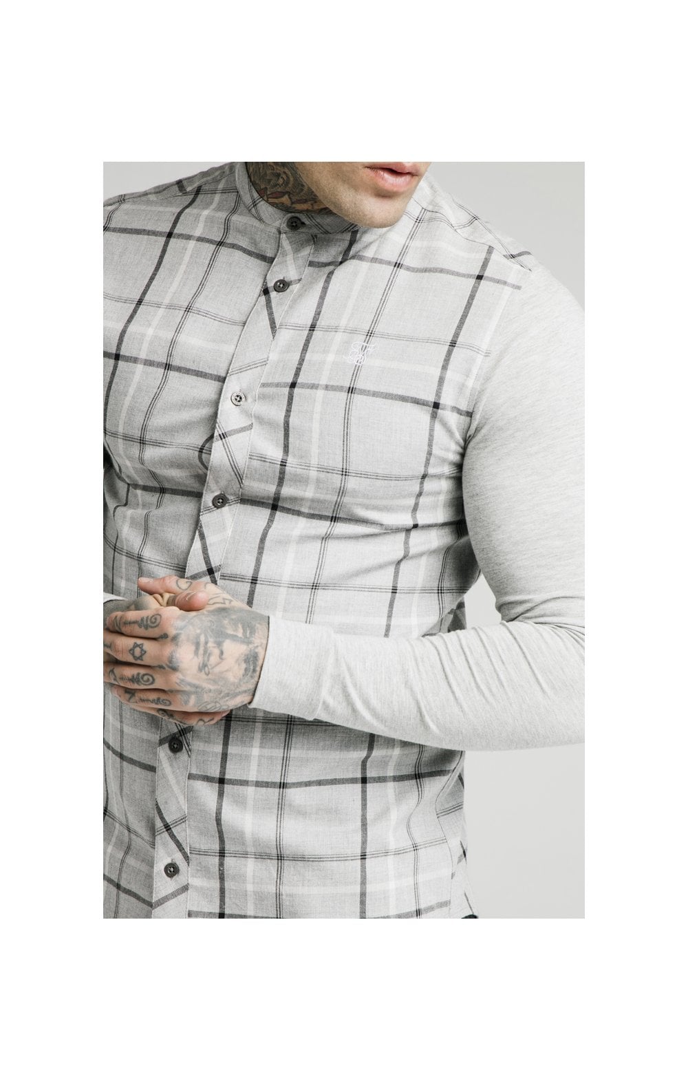 Load image into Gallery viewer, SikSilk L/S Flannel Check Grandad Shirt - Grey Marl (1)
