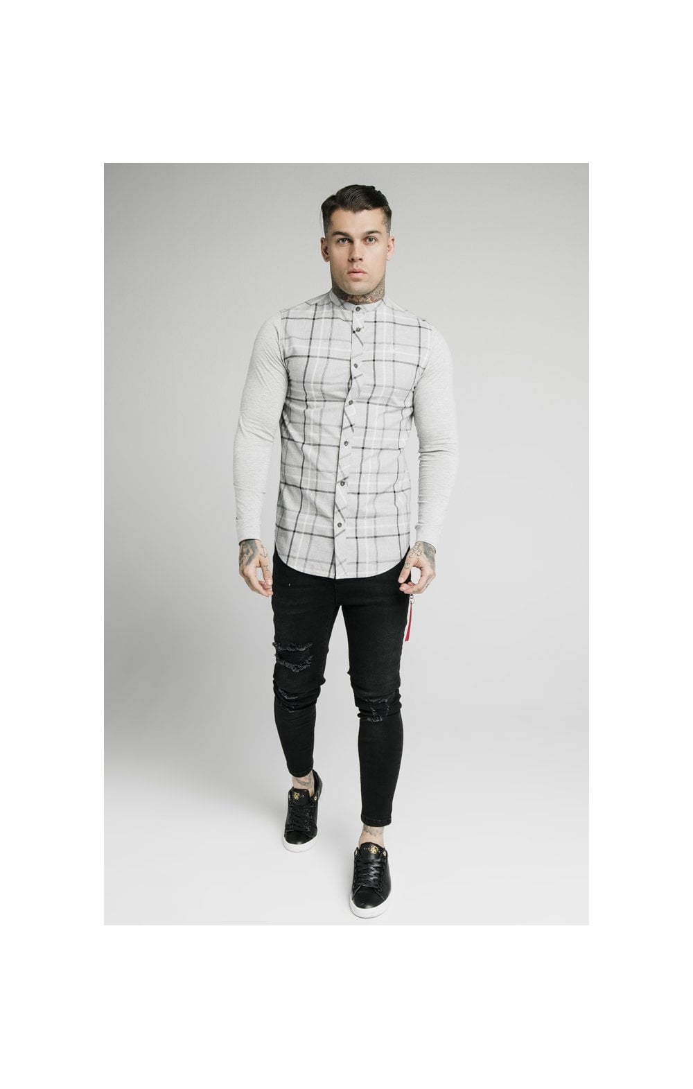 Load image into Gallery viewer, SikSilk L/S Flannel Check Grandad Shirt - Grey Marl (2)