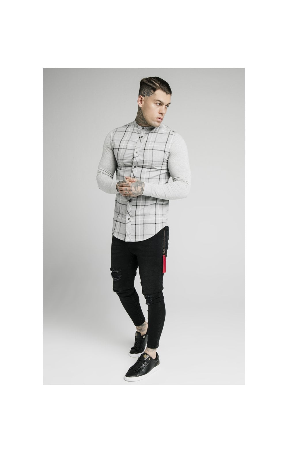 Load image into Gallery viewer, SikSilk L/S Flannel Check Grandad Shirt - Grey Marl (3)