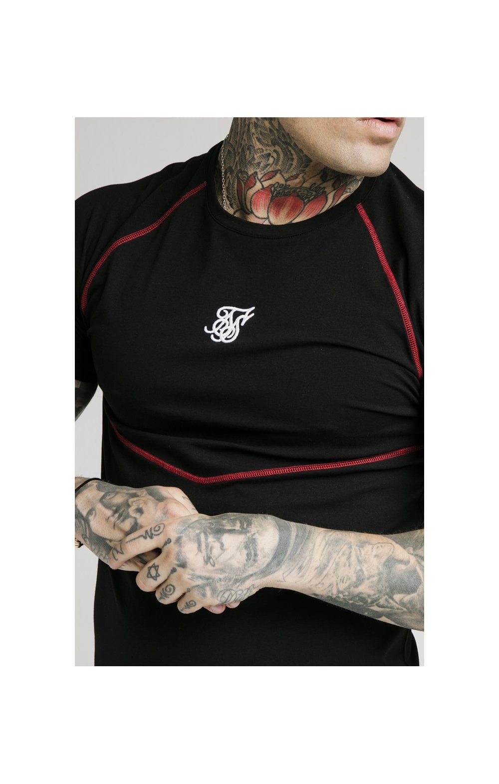 Load image into Gallery viewer, SikSilk Cover Stitch Raglan Gym Tee - Black &amp; Red (1)