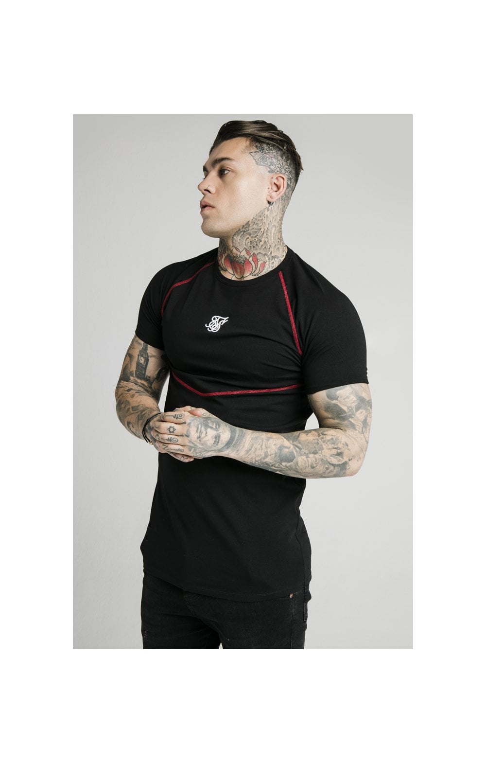 Load image into Gallery viewer, SikSilk Cover Stitch Raglan Gym Tee - Black &amp; Red
