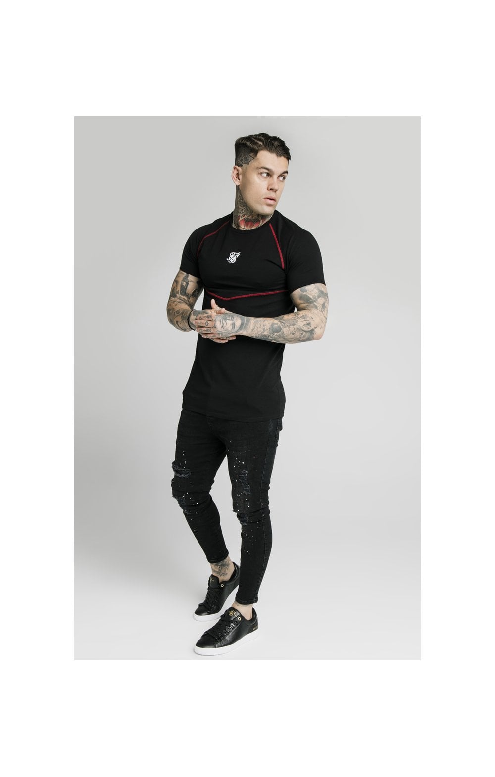 Load image into Gallery viewer, SikSilk Cover Stitch Raglan Gym Tee - Black &amp; Red (2)
