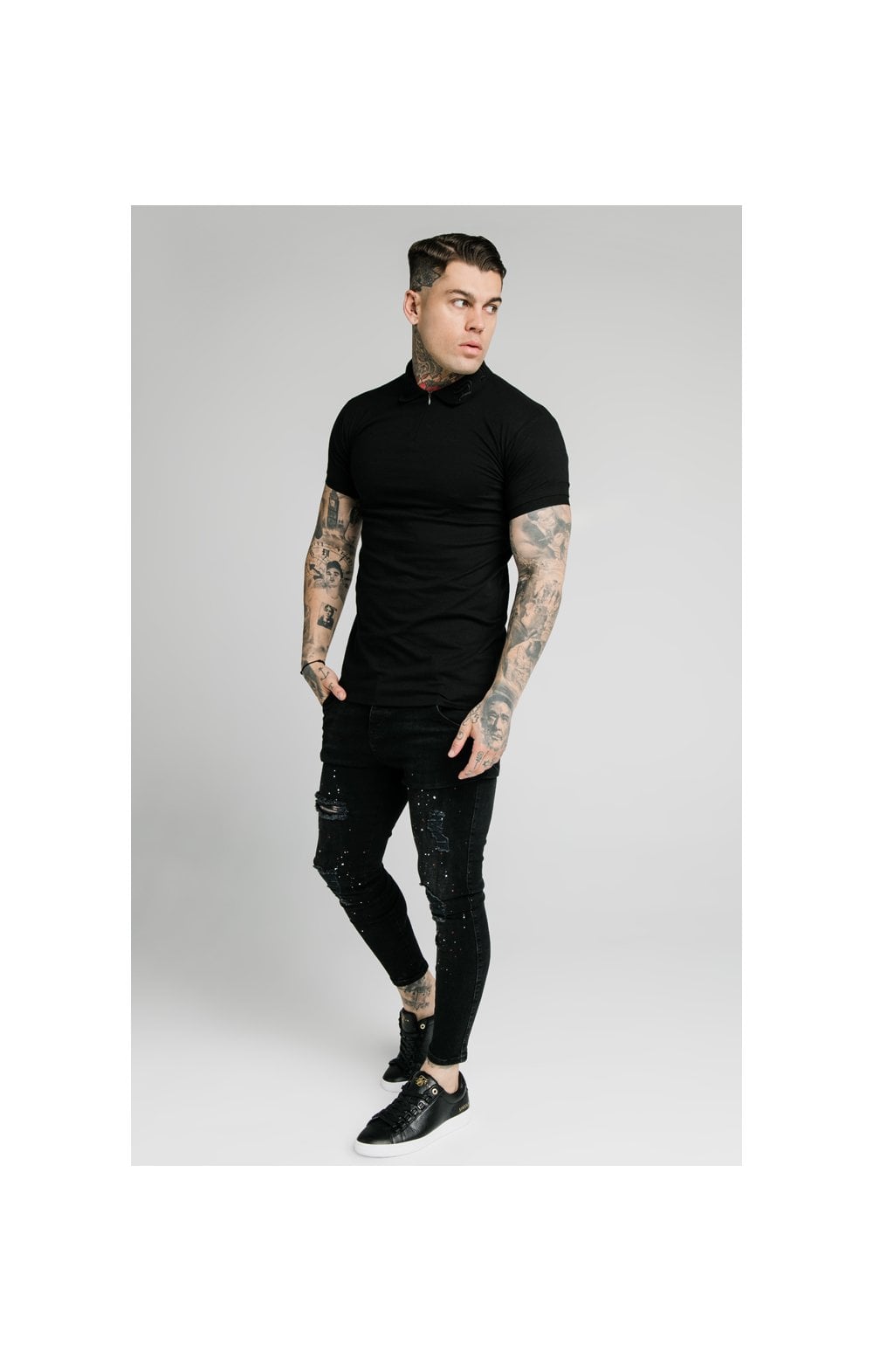 Load image into Gallery viewer, SikSilk S/S Old English Inset Cuff Polo - Black (4)