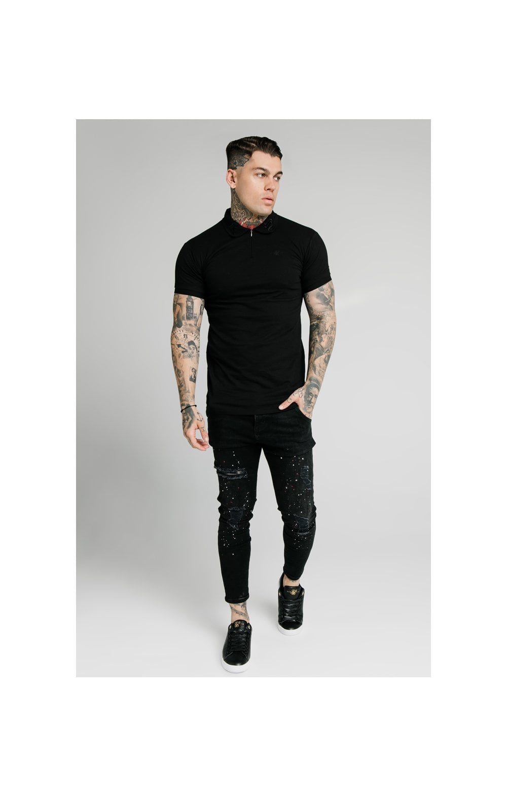 Load image into Gallery viewer, SikSilk S/S Old English Inset Cuff Polo - Black (6)