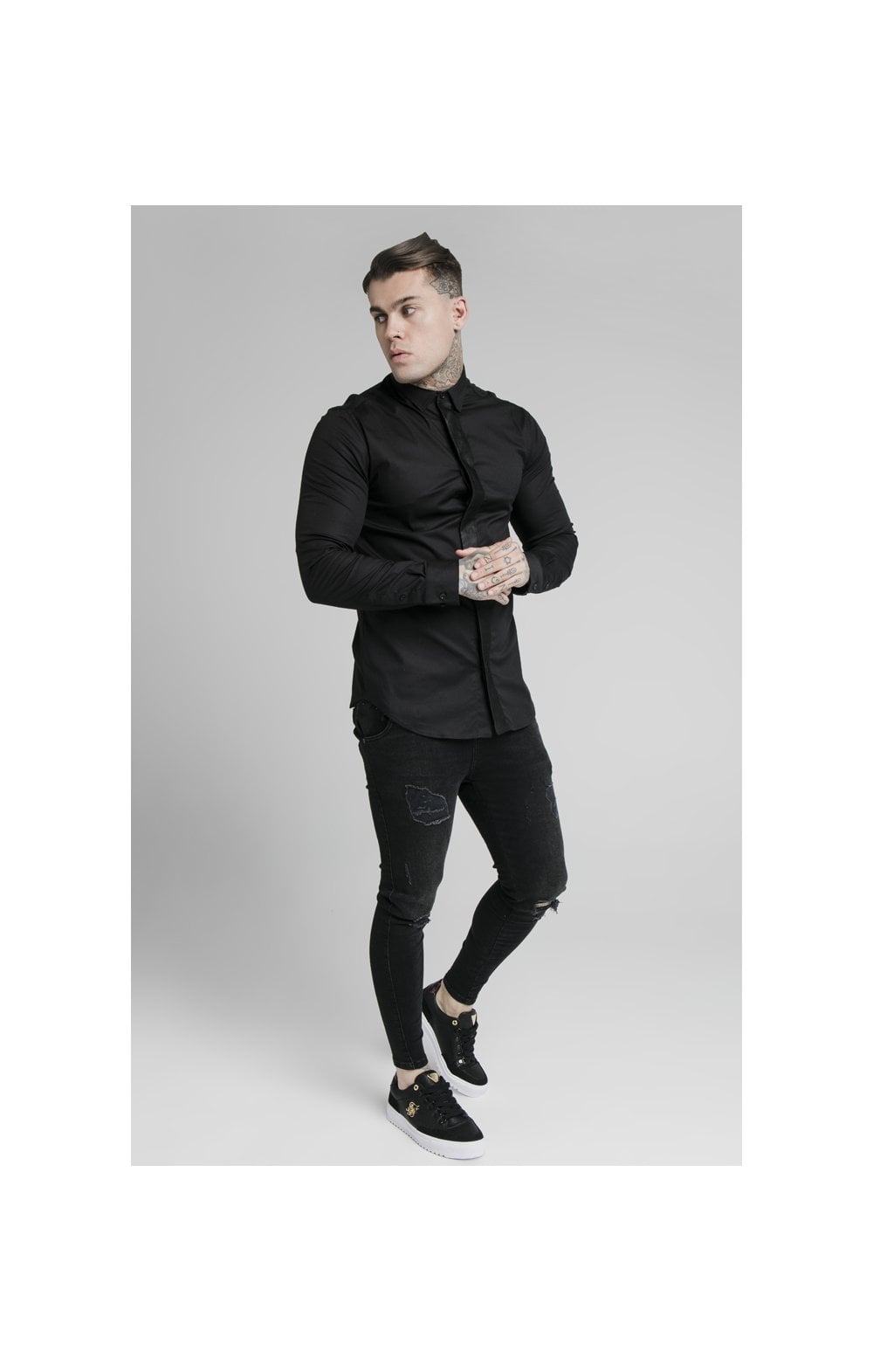 Load image into Gallery viewer, SikSilk L/S Woven Tape Placket Shirt - Black (2)